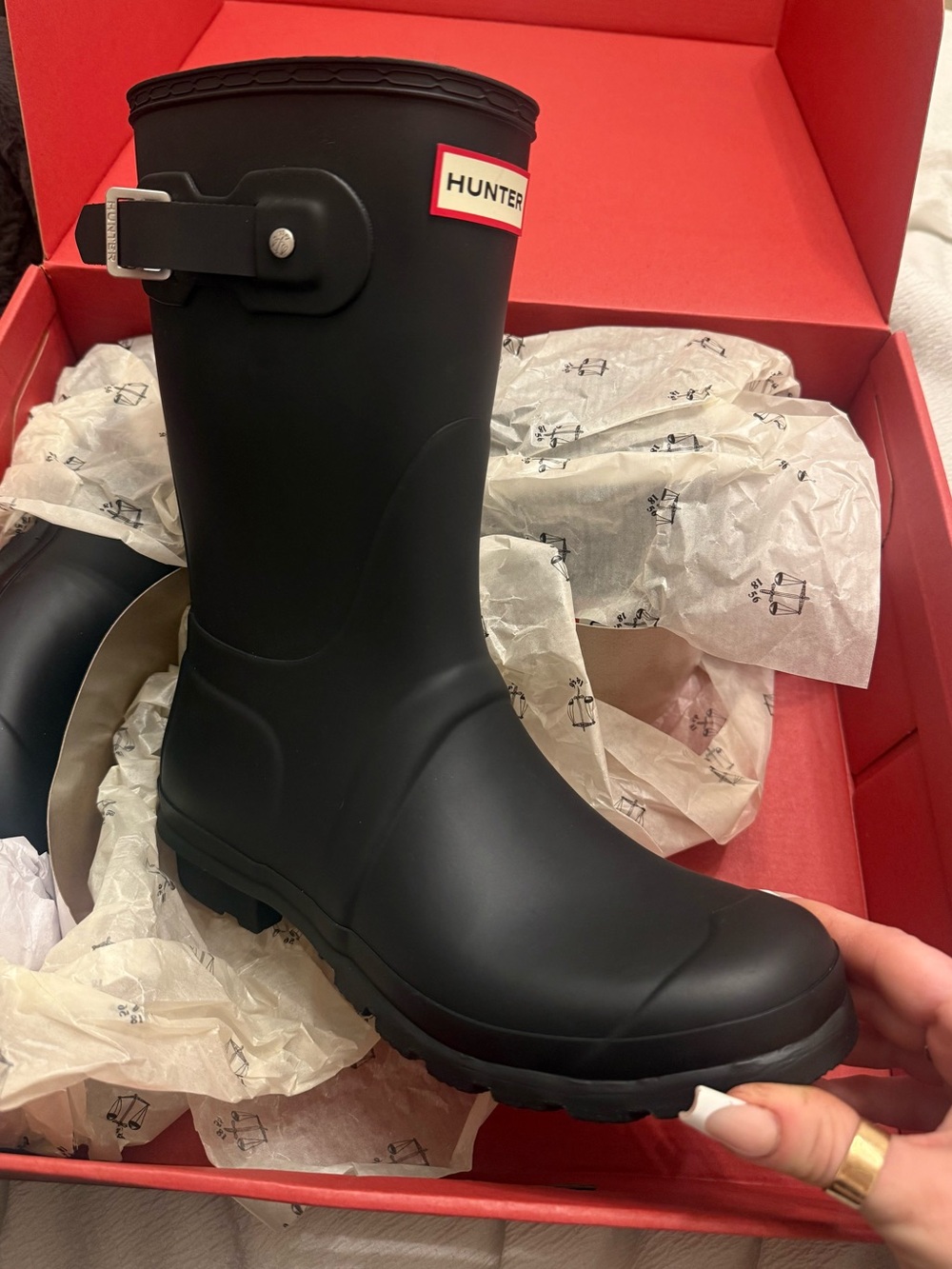 Hunter Black Matte Mid-Calf Rain Boots with Side Buckle